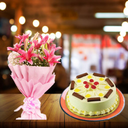 Let Me Speak The Unsaid: A Gift Combo of 6 Pink Lilies and 0.5 kg KitKat Butterscotch Cake Let Me Speak The Unsaid: A Gift Combo of 6 Pink Lilies and 0.5 kg KitKat Butterscotch Cake