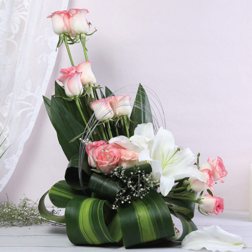 White Rose Basket for Mother's Day - Blush Lily Bouquet