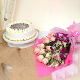 Floral Fusion: A Gift Combo of 10 Pink Roses, 3 Purple Orchids and 0.5 kg Butterscotch Cake Floral Fusion: A Gift Combo of 10 Pink Roses, 3 Purple Orchids and 0.5 kg Butterscotch Cake