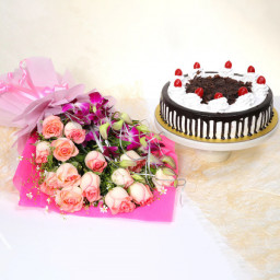 Rose Orchid Indulgence: A Gift Combo of 10 Pink Roses, 3 Purple Orchids and 0.5 kg Black Forest Cake Rose Orchid Indulgence: A Gift Combo of 10 Pink Roses, 3 Purple Orchids and 0.5 kg Black Forest Cake