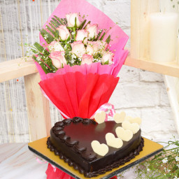 Rosy Decadence: A Gift Combo of 10 Pink Roses & 0.5 Kg Heart-Shaped Chocolate Cake Rosy Decadence: A Gift Combo of 10 Pink Roses & 0.5 Kg Heart-Shaped Chocolate Cake