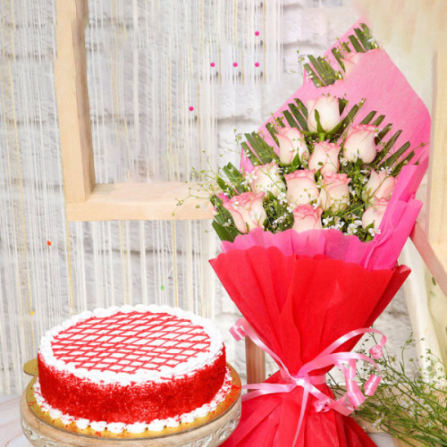 Blush Velvet: A Gift Combo of 10 Pink Roses & 0.5 Kg Red Velvet Cake