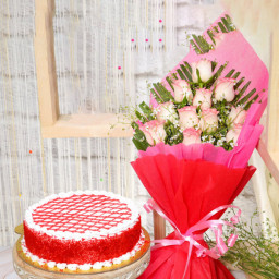 Blush Velvet: A Gift Combo of 10 Pink Roses & 0.5 Kg Red Velvet Cake Blush Velvet: A Gift Combo of 10 Pink Roses & 0.5 Kg Red Velvet Cake