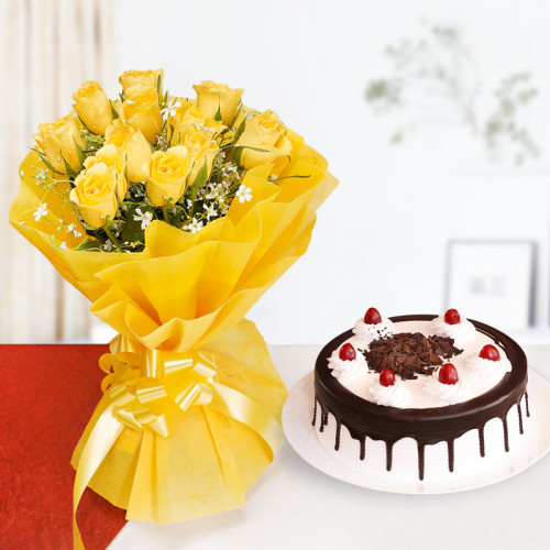 Striking Sunshine Delight: A Gift Combo of 12 yellow roses and 0.5 kg Black Forest cake
