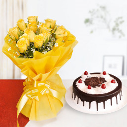 Striking Sunshine Delight: A Gift Combo of 12 yellow roses and 0.5 kg Black Forest cake Striking Sunshine Delight: A Gift Combo of 12 yellow roses and 0.5 kg Black Forest cake