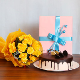Friendly Expressions: A Gift Combo of 12 yellow roses, greeting card and 0.5 kg chocolate cake Friendly Expressions: A Gift Combo of 12 yellow roses, greeting card and 0.5 kg chocolate cake