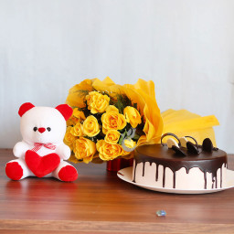 Infinite Love: A Gift Combo of 12 yellow roses, 12 inch teddy and 0.5 kg chocolate cake Infinite Love: A Gift Combo of 12 yellow roses, 12 inch teddy and 0.5 kg chocolate cake
