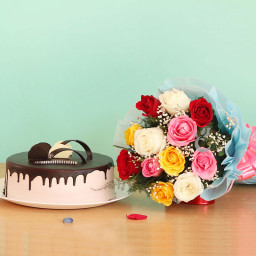 Gracious Lady Charm: A Gift Combo of 12 mix roses and 0.5 kg chocolate cake Gracious Lady Charm: A Gift Combo of 12 mix roses and 0.5 kg chocolate cake