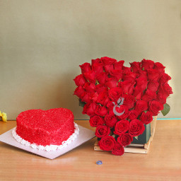 Hearty Connections: A Gift Combo of 40 red roses heart-shaped arrangement and 0.5 kg heart-shaped red velvet cake Hearty Connections: A Gift Combo of 40 red roses heart-shaped arrangement and 0.5 kg heart-shaped red velvet cake