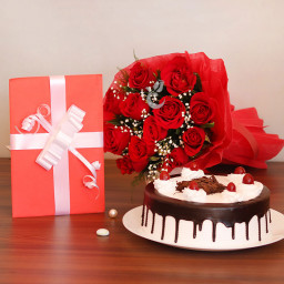 Abundant Love: A Gift Combo of 10 red roses, greeting card and 0.5 kg Black Forest cake Abundant Love: A Gift Combo of 10 red roses, greeting card and 0.5 kg Black Forest cake