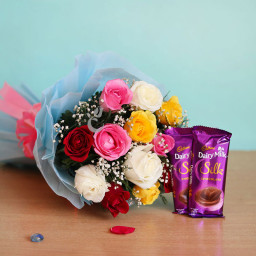 Colorful Roses And Chocolates: A Gift Combo of 12 mix roses and 2 Dairy Milk Silk chocolates Colorful Roses And Chocolates: A Gift Combo of 12 mix roses and 2 Dairy Milk Silk chocolates