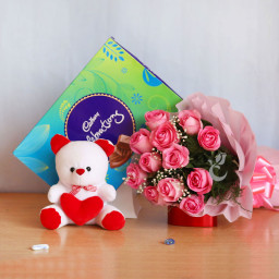 Celebrating With You: A Gift Combo of 10 pink roses, Cadbury Celebrations and 6 inch teddy bear Celebrating With You: A Gift Combo of 10 pink roses, Cadbury Celebrations and 6 inch teddy bear