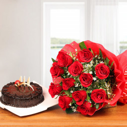 Truffle Love Combo: A Gift Combo of 10 red roses and 0.5 kg chocolate truffle cake Truffle Love Combo: A Gift Combo of 10 red roses and 0.5 kg chocolate truffle cake