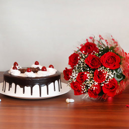 Say Love: A Gift Combo of 10 Red Roses and 0.5 Kg Black Forest Cake Say Love: A Gift Combo of 10 Red Roses and 0.5 Kg Black Forest Cake