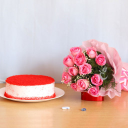 Velvety Affection: A Gift Combo of 12 Pink Roses and 0.5 Kg Red Velvet Cake Velvety Affection: A Gift Combo of 12 Pink Roses and 0.5 Kg Red Velvet Cake