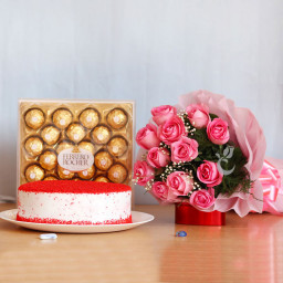 Love Confession: A Gift Combo of 12 Pink Roses, 0.5 Kg Red Velvet Cake and 24 Ferrero Rocher Love Confession: A Gift Combo of 12 Pink Roses, 0.5 Kg Red Velvet Cake and 24 Ferrero Rocher