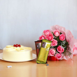 Dreamy Decadence: A Gift Combo of 12 Pink Roses, 0.5 Kg Butterscotch Cake and 2 Temptation Dreamy Decadence: A Gift Combo of 12 Pink Roses, 0.5 Kg Butterscotch Cake and 2 Temptation