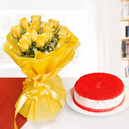 Friends Forever: A Gift Combo of 12 Yellow Roses and 0.5 Kg Red Velvet Cake Friends Forever: A Gift Combo of 12 Yellow Roses and 0.5 Kg Red Velvet Cake