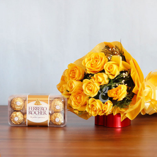 Paired With Perfection: A Gift Combo of 12 Yellow Roses and 16 Ferrero Rocher
