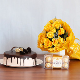 Sun-Kissed Serenity: A Gift Combo of 12 Yellow Roses, 0.5 Kg Chocolate Cake and 16 Ferrero Rocher Sun-Kissed Serenity: A Gift Combo of 12 Yellow Roses, 0.5 Kg Chocolate Cake and 16 Ferrero Rocher