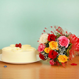 Sweet Adorations: A Gift Combo of 10 Mix Roses and 0.5 Kg Butterscotch Cake Sweet Adorations: A Gift Combo of 10 Mix Roses and 0.5 Kg Butterscotch Cake