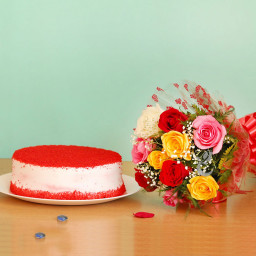 Velvet Cravings: A Gift Combo of 10 Mix Roses and 0.5 Kg Red Velvet Cake Velvet Cravings: A Gift Combo of 10 Mix Roses and 0.5 Kg Red Velvet Cake
