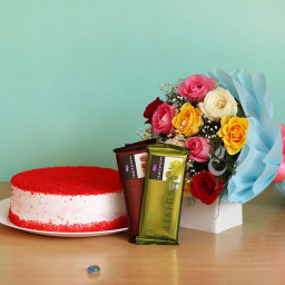 Love Eloquence: A Gift Combo of 12 Mix Roses, 0.5 Kg Red Velvet Cake and 2 Temptation Love Eloquence: A Gift Combo of 12 Mix Roses, 0.5 Kg Red Velvet Cake and 2 Temptation