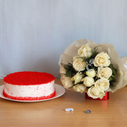 Serene of love: A Gift Combo of 12 White Roses and 0.5 Kg Red Velvet Cake Serene of love: A Gift Combo of 12 White Roses and 0.5 Kg Red Velvet Cake