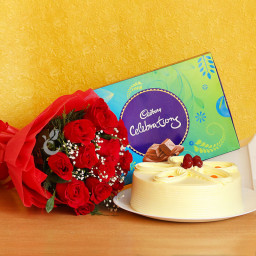 Romantic Journey: A Gift Combo of 12 Red Roses, 1 Cadbury Celebration and 0.5 Kg Butterscotch Cake Romantic Journey: A Gift Combo of 12 Red Roses, 1 Cadbury Celebration and 0.5 Kg Butterscotch Cake