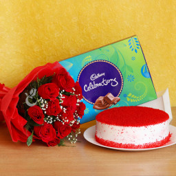 Red Romance: A Gift Combo of 10 Red Roses, 1 Cadbury Celebration and 0.5 Kg Red Velvet Cake Red Romance: A Gift Combo of 10 Red Roses, 1 Cadbury Celebration and 0.5 Kg Red Velvet Cake