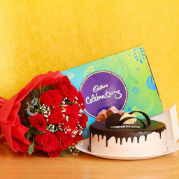 Begin The Celebration: A Gift Combo of 12 Red Roses, 1 Cadbury Celebration and 0.5 Kg Chocolate Cake Begin The Celebration: A Gift Combo of 12 Red Roses, 1 Cadbury Celebration and 0.5 Kg Chocolate Cake