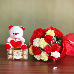 Love Forever: A Gift Combo of 12 Mix Carnation, 16 Ferrero Rocher, and 6 Inch Teddy Love Forever: A Gift Combo of 12 Mix Carnation, 16 Ferrero Rocher, and 6 Inch Teddy