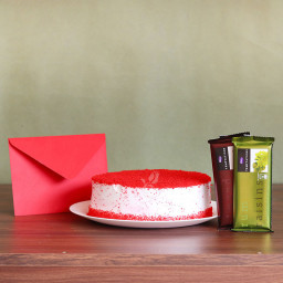 Alluring Great: A Gift Combo of 0.5 Kg Red Velvet Cake, 2 Temptations, and One Greeting Card Alluring Great: A Gift Combo of 0.5 Kg Red Velvet Cake, 2 Temptations, and One Greeting Card
