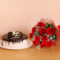 Classic Love: A Gift Combo of 8 red roses bouquet and 0.5 Kg chocolate cake Classic Love: A Gift Combo of 8 red roses bouquet and 0.5 Kg chocolate cake